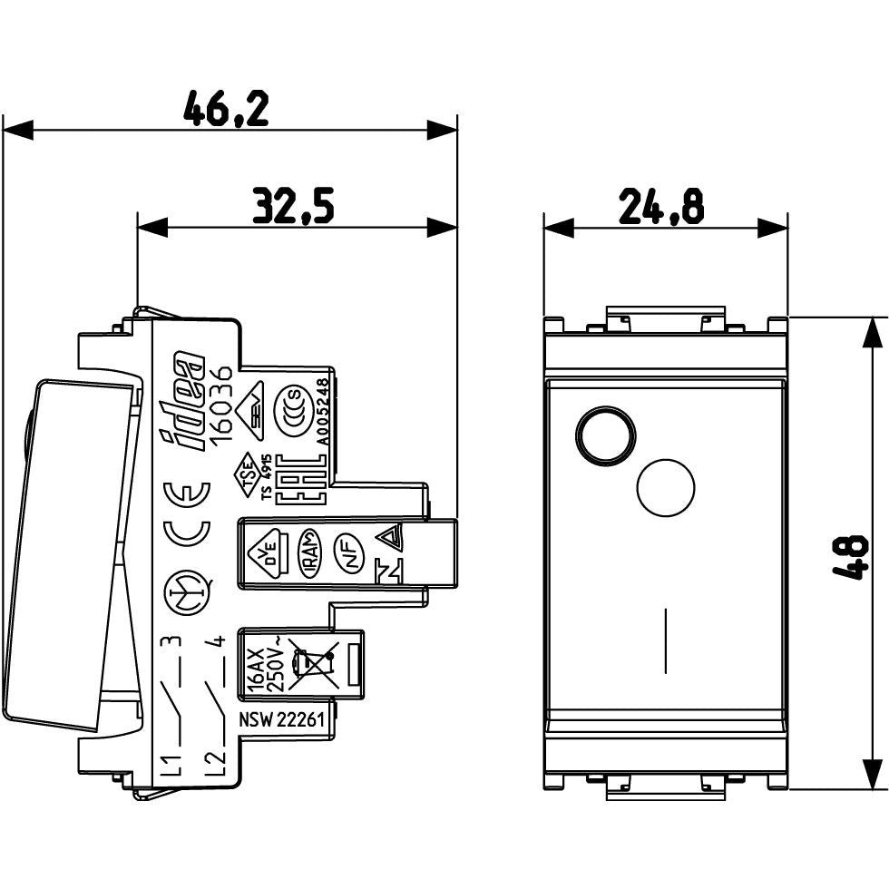 Vimar Idea 2P 1-Way Luminous Switch, For Signalling Unit, 16AX, 250V, IP40 — Quality Boat Parts