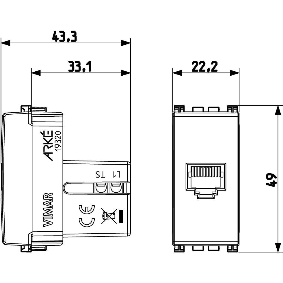 Vimar Arké RJ11 Phone Jack, 6-Position 4-Conductor, Screw Terminals, IP20 — Quality Boat Parts