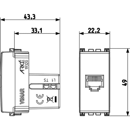 Vimar Arké RJ11 Phone Jack, 6-Position 4-Conductor, Screw Terminals, IP20 — Quality Boat Parts