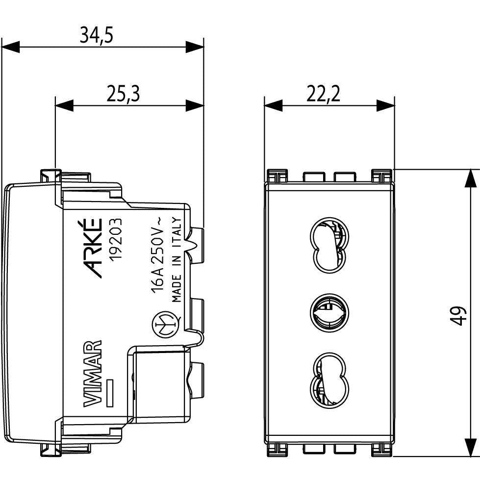 Vimar Arké SICURY P17/11 Socket Outlet, 2P+E, 16A 250V, IP20, Flush Mount — Quality Boat Parts