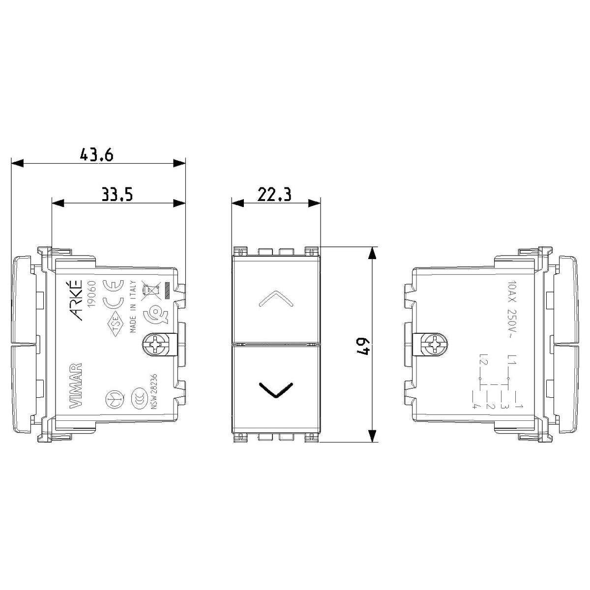 Vimar Arké Two-Button 2-Way Switch, 2P, 10AX 250V, 6 Terminals, Directional Arrows, Central OFF Position — Quality Boat Parts