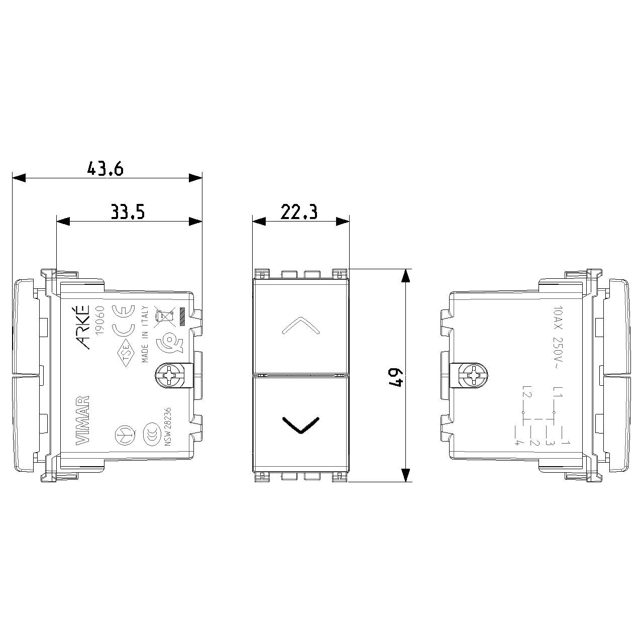 Vimar Arké Two-Button 2-Way Switch, 2P, 10AX 250V, 6 Terminals, Directional Arrows, Central OFF Position — Quality Boat Parts