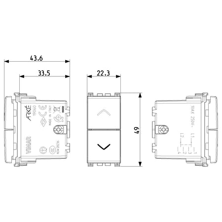 Vimar Arké Two-Button 2-Way Switch, 2P, 10AX 250V, 6 Terminals, Directional Arrows, Central OFF Position — Quality Boat Parts