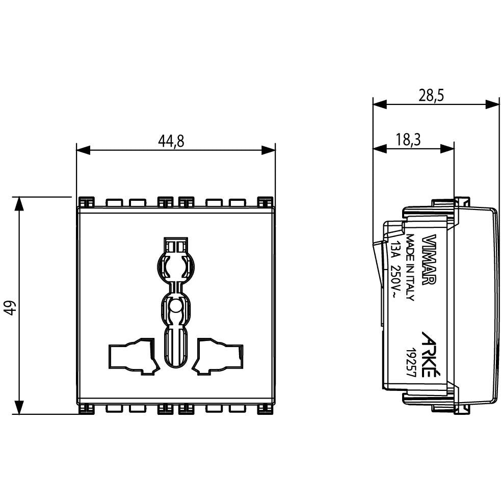 Vimar Arké SICURY Multistandard Socket Outlet, 2P+E, 13A, 250V, 2 Modules — Quality Boat Parts