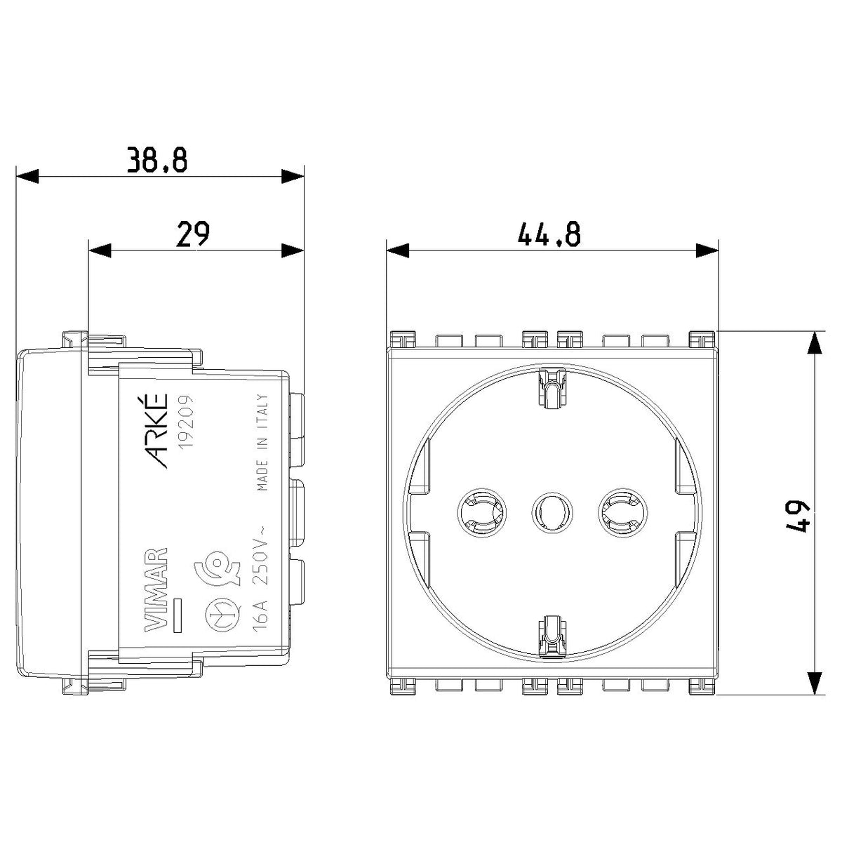 Vimar Arké SICURY P30 Socket Outlet, 2P+E, 16A, 250V, 2 Modules — Quality Boat Parts