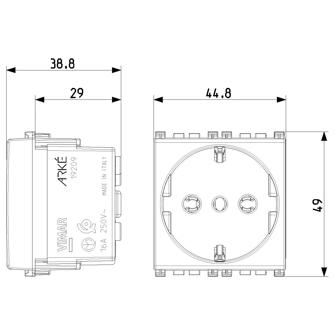 Vimar Arké SICURY P30 Socket Outlet, 2P+E, 16A, 250V, 2 Modules — Quality Boat Parts