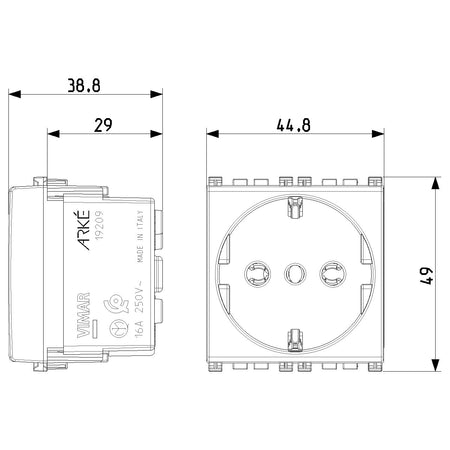 Vimar Arké SICURY P30 Socket Outlet, 2P+E, 16A, 250V, 2 Modules — Quality Boat Parts