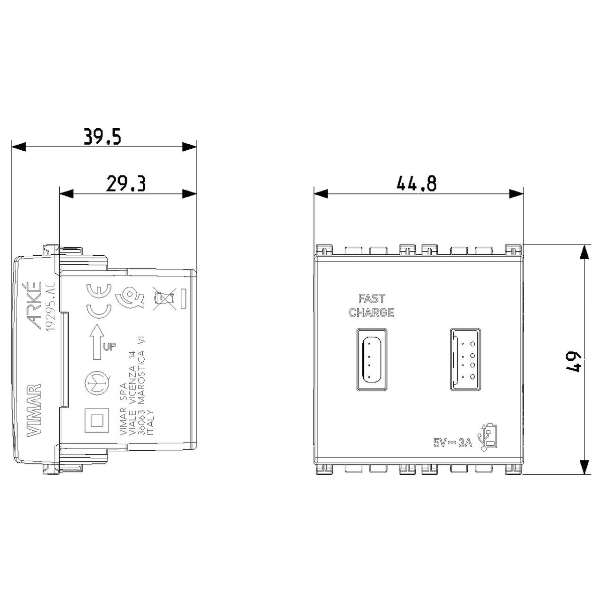Vimar Arké USB Charging Outlet, 5V, 2 Modules, 50/60 Hz — Quality Boat Parts