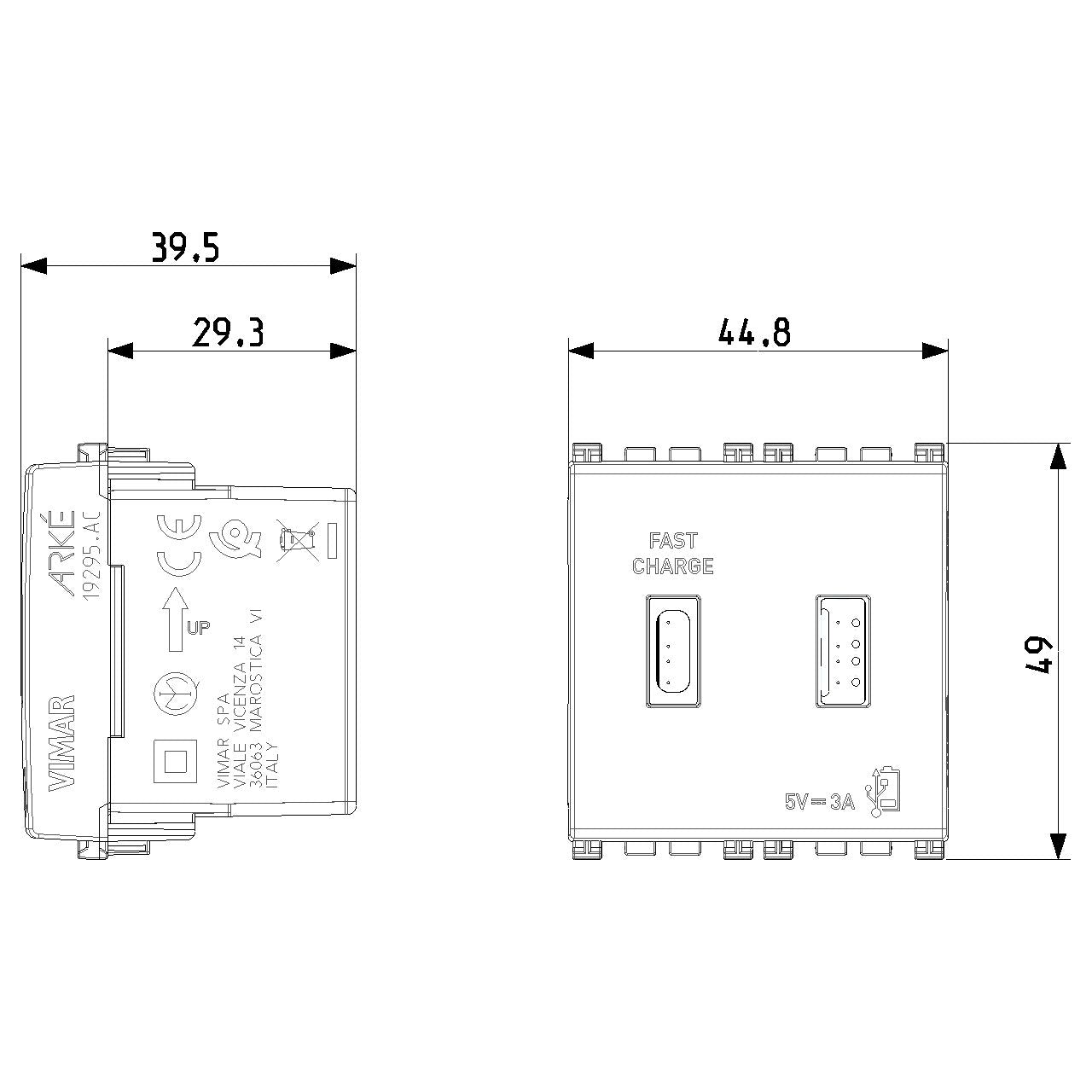 Vimar Arké USB Charging Outlet, 5V, 2 Modules, 50/60 Hz — Quality Boat Parts