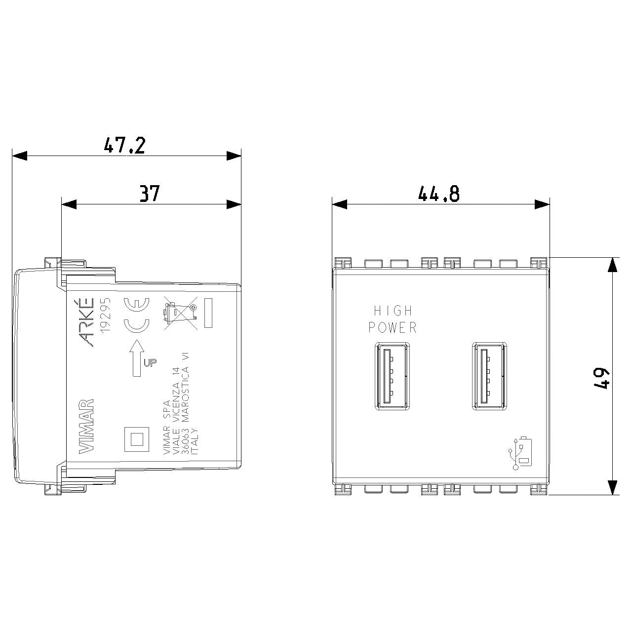 Vimar Arké USB Charging Outlet, 5V, 2 Modules, 50/60 Hz — Quality Boat Parts