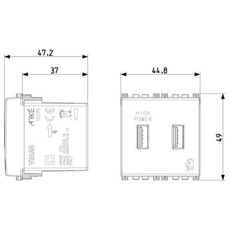 Vimar Arké USB Charging Outlet, 5V, 2 Modules, 50/60 Hz — Quality Boat Parts