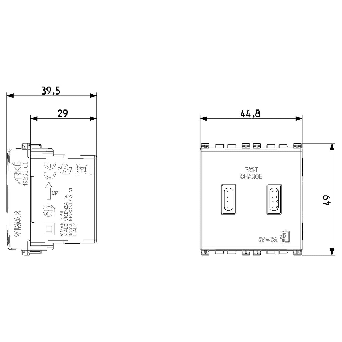 Vimar Arké USB Charging Outlet, 5V, 2 Modules, 50/60 Hz — Quality Boat Parts