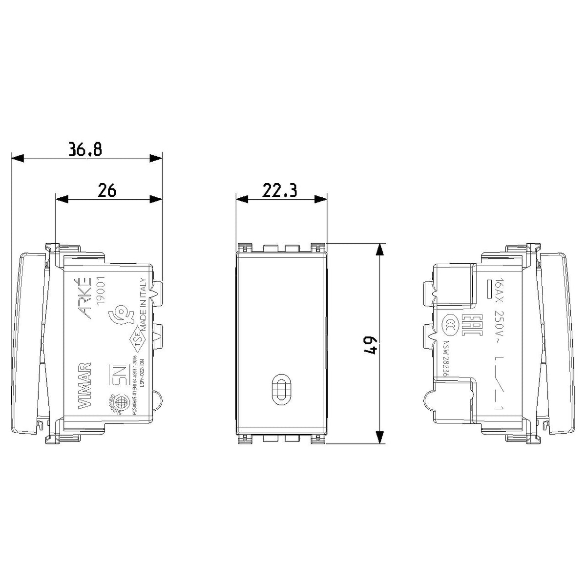 Vimar Arké 1-Way Switch, 1P 16AX 250V, Lightable, Replaceable Button — Quality Boat Parts