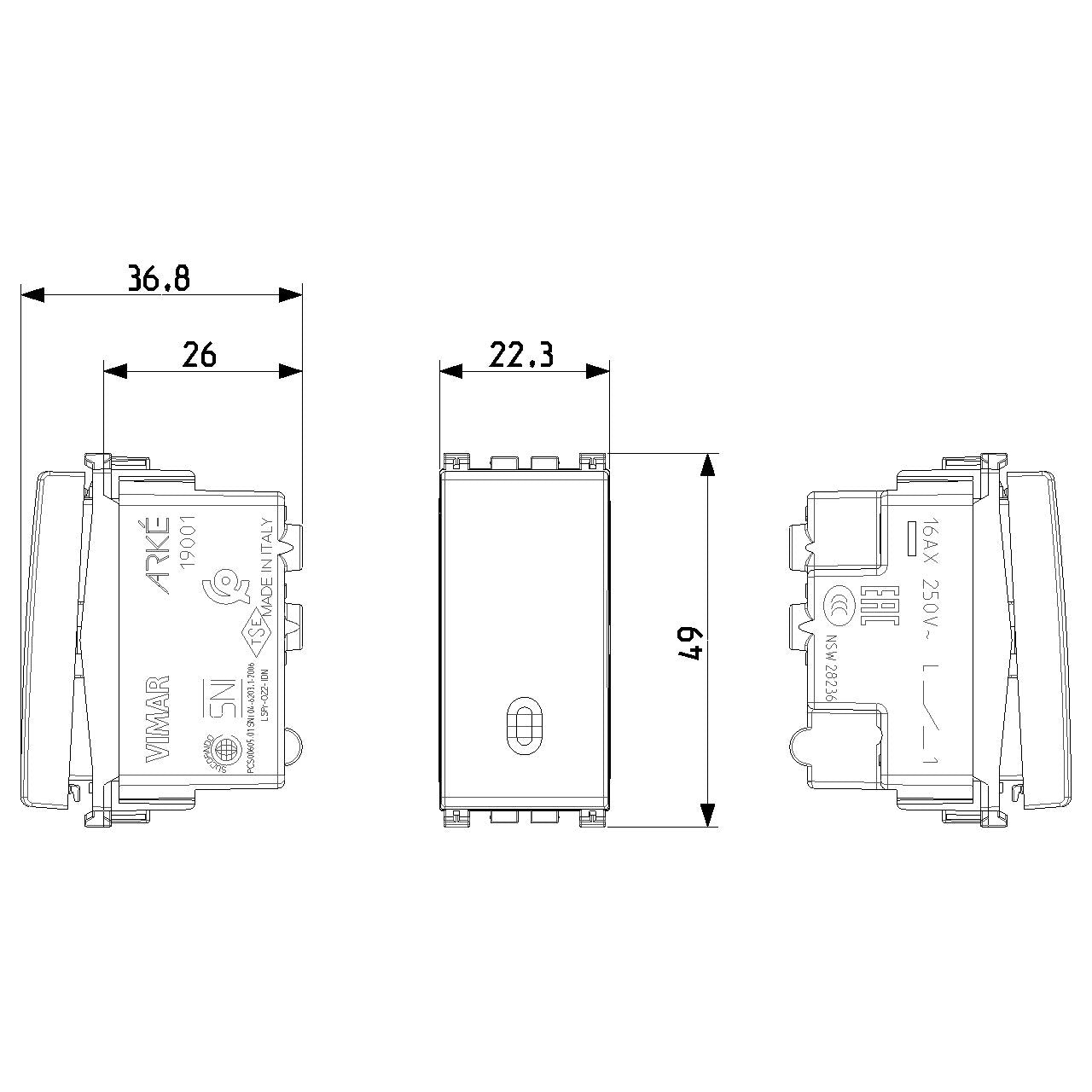 Vimar Arké 1-Way Switch, 1P 16AX 250V, Lightable, Replaceable Button — Quality Boat Parts