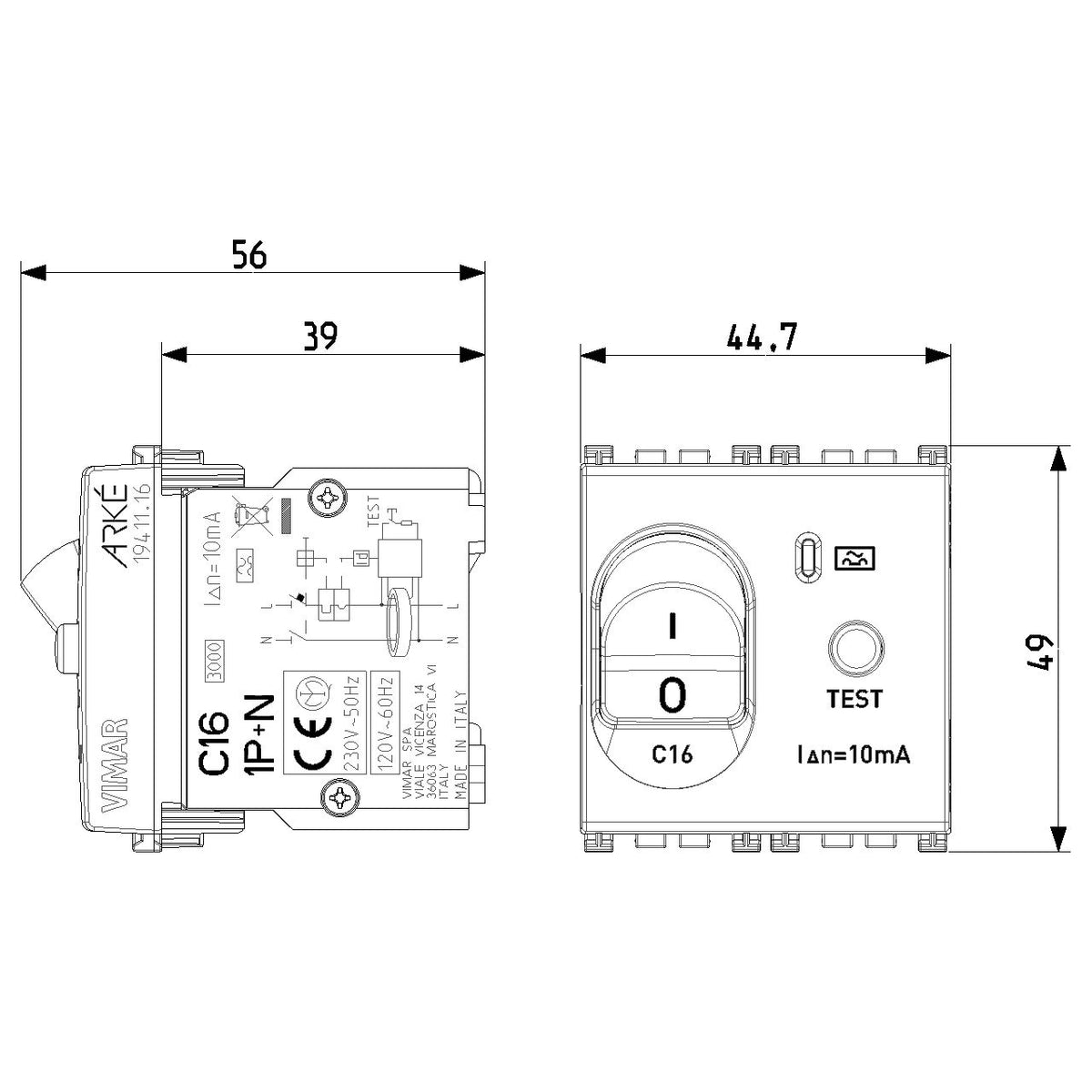 Vimar Arké RCBO, 1P+N, 120-230V, 50/60 Hz, 2 Modules, IP40 — Quality Boat Parts