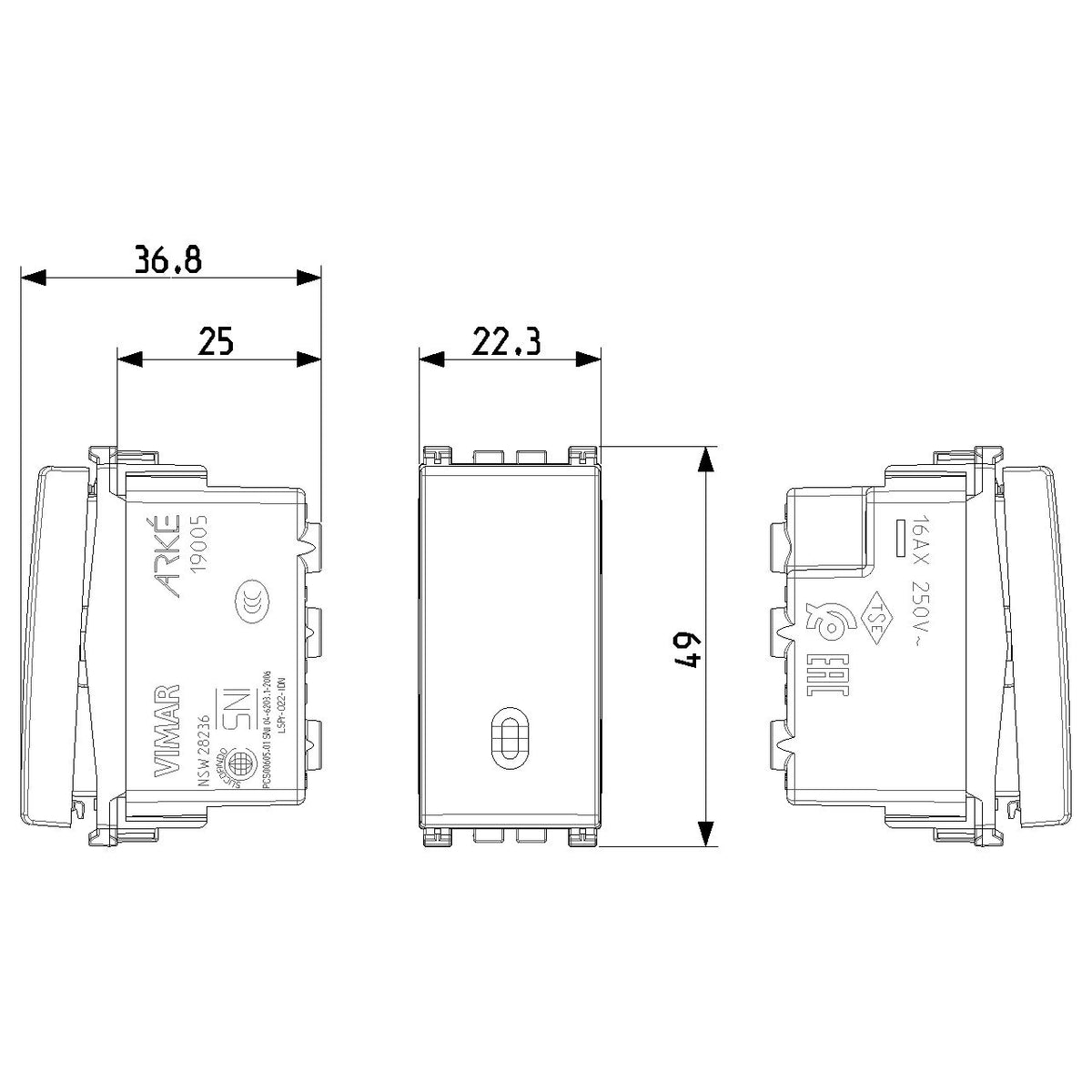 Vimar Arké 2-Way Rocker Switch, 1P, 16AX, 250V, IP40, Lightable, Replaceable Button — Quality Boat Parts