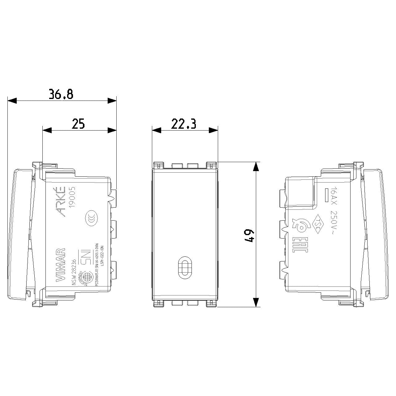 Vimar Arké 2-Way Rocker Switch, 1P, 16AX, 250V, IP40, Lightable, Replaceable Button — Quality Boat Parts