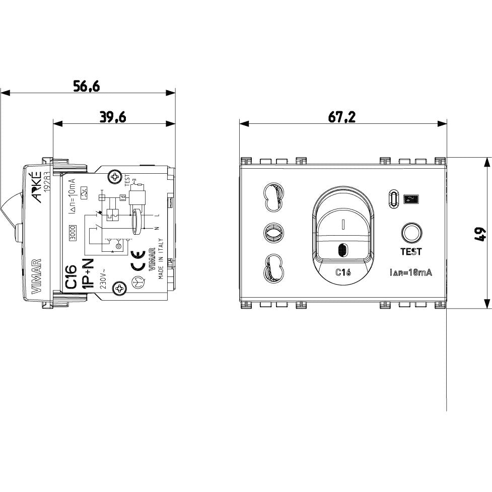 Vimar Arké SICURY Socket Outlet with C16 RCBO, 16A, 250V, Italian Standard P17/11, 3 Modules — Quality Boat Parts