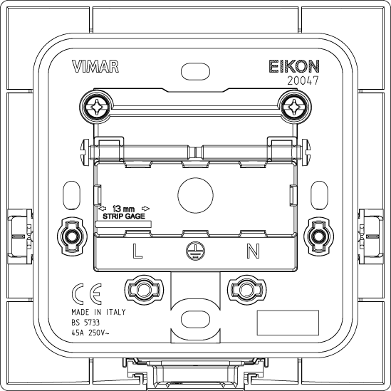 Vimar Eikon Cable Outlet with Terminal Bar, For Square Mounting British Standard Boxes, 2P+T, 45A, 250V — Quality Boat Parts