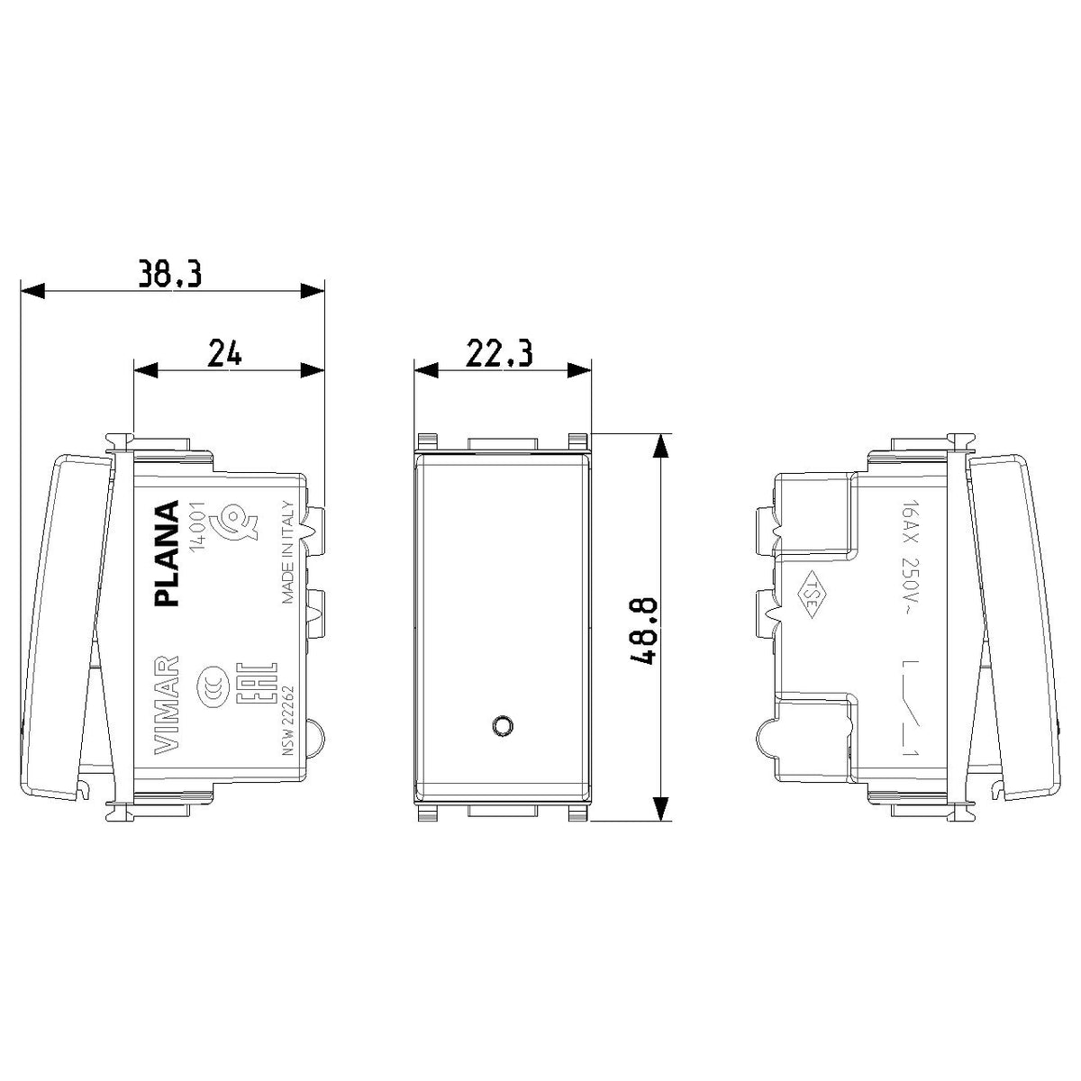 Vimar Plana 1P 16AX 1-Way Switch, 250V, IP40, Flush Mount — Quality Boat Parts
