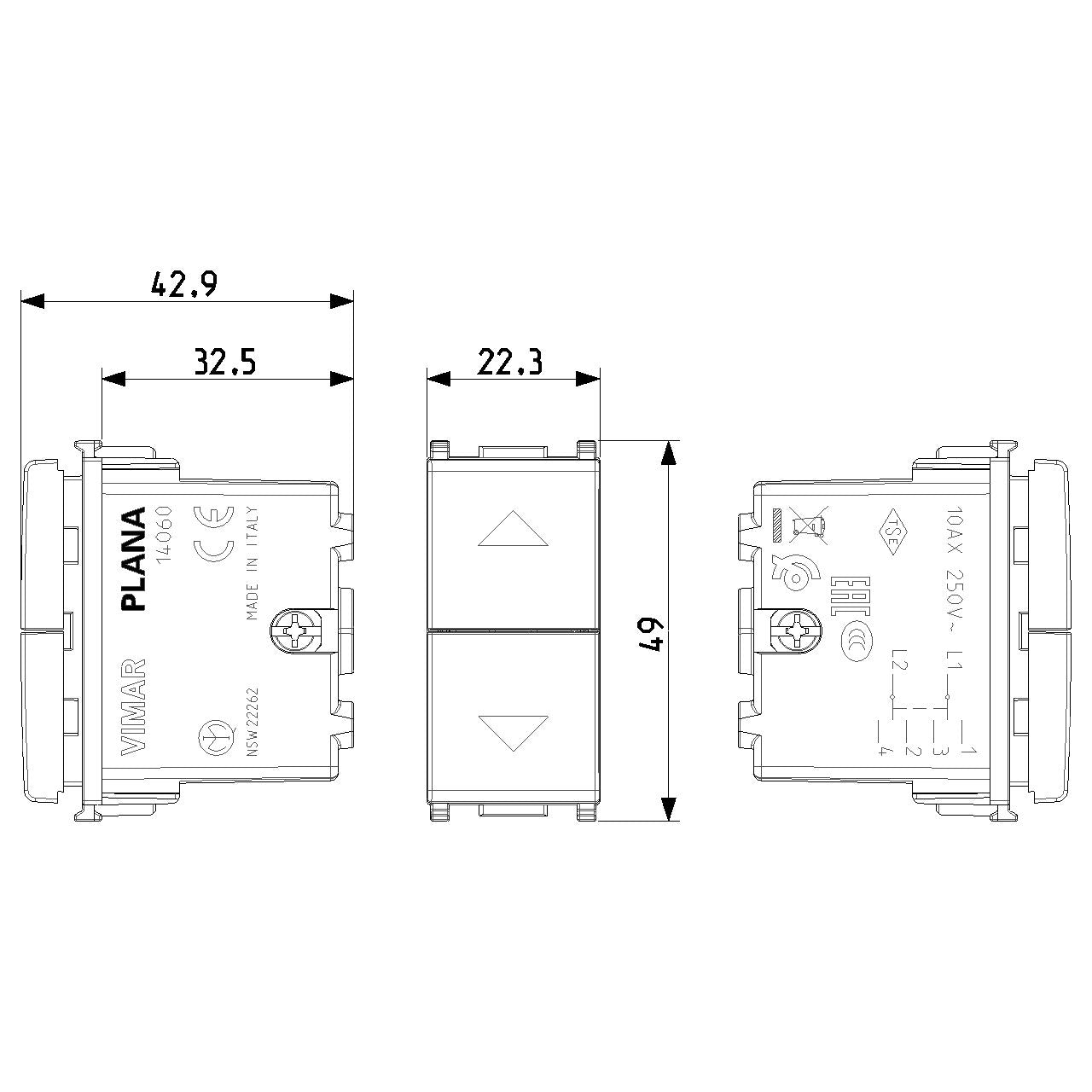 Vimar Plana 3-Position 2-Button 2-Way Switch, 2P, 10AX, 250V, Central OFF Position — Quality Boat Parts