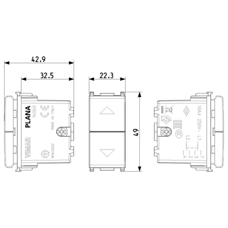 Vimar Plana 3-Position 2-Button 2-Way Switch, 2P, 10AX, 250V, Central OFF Position — Quality Boat Parts