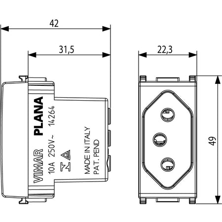 Vimar Plana 2P+E 10A Brazilian Standard SICURY Socket Outlet, 250V, IP20, Flush-Mount, Screw Terminal, Halogen-Free Thermoplastic — Quality Boat Parts