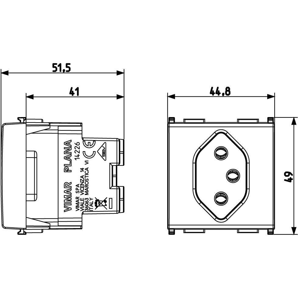 Vimar Plana Swiss Type 13 2P+E Socket Outlet, 2-Module, 10A, 250V, IP20, Flush Mount, Screw Terminals — Quality Boat Parts