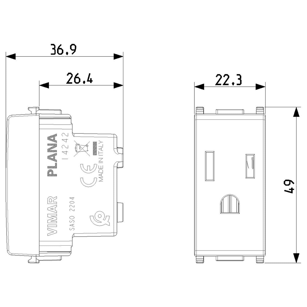 Vimar Plana 2P+E USA SICURY Outlet, 15A, 127V, IP20, Flush-Mounted — Quality Boat Parts
