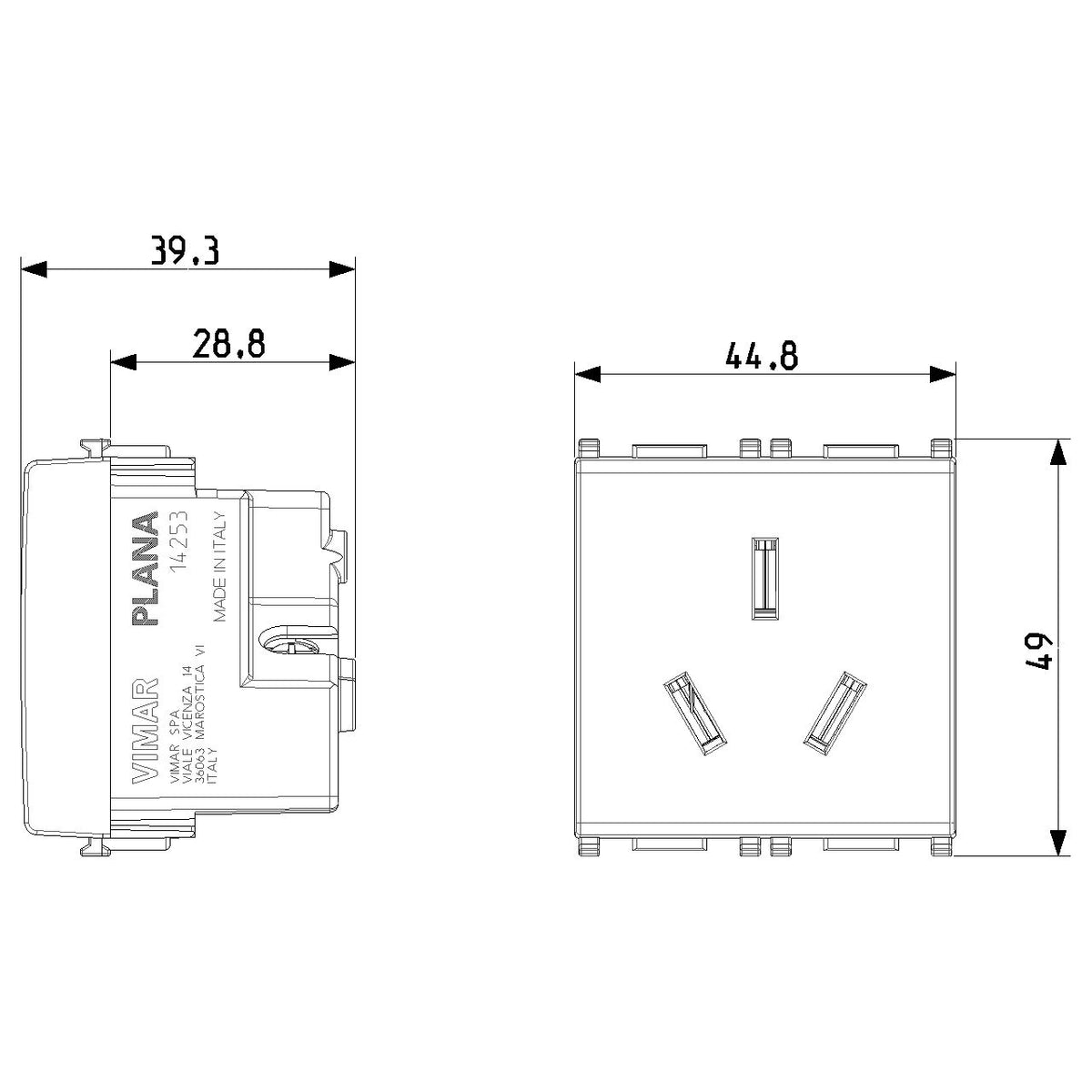 Vimar Plana 2P+E Argentinian SICURY Socket Outlet, 20A, 250V, 2-Module, Flush-Mounted, Screw Terminal, IP20 — Quality Boat Parts