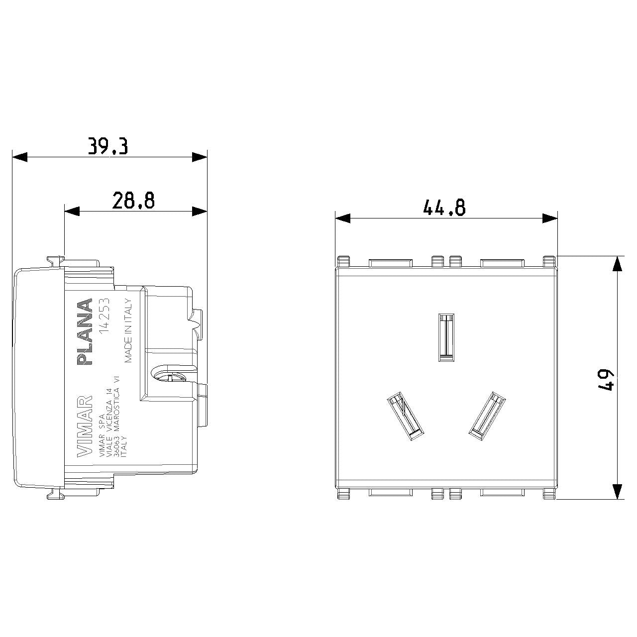 Vimar Plana 2P+E Argentinian SICURY Socket Outlet, 20A, 250V, 2-Module, Flush-Mounted, Screw Terminal, IP20 — Quality Boat Parts