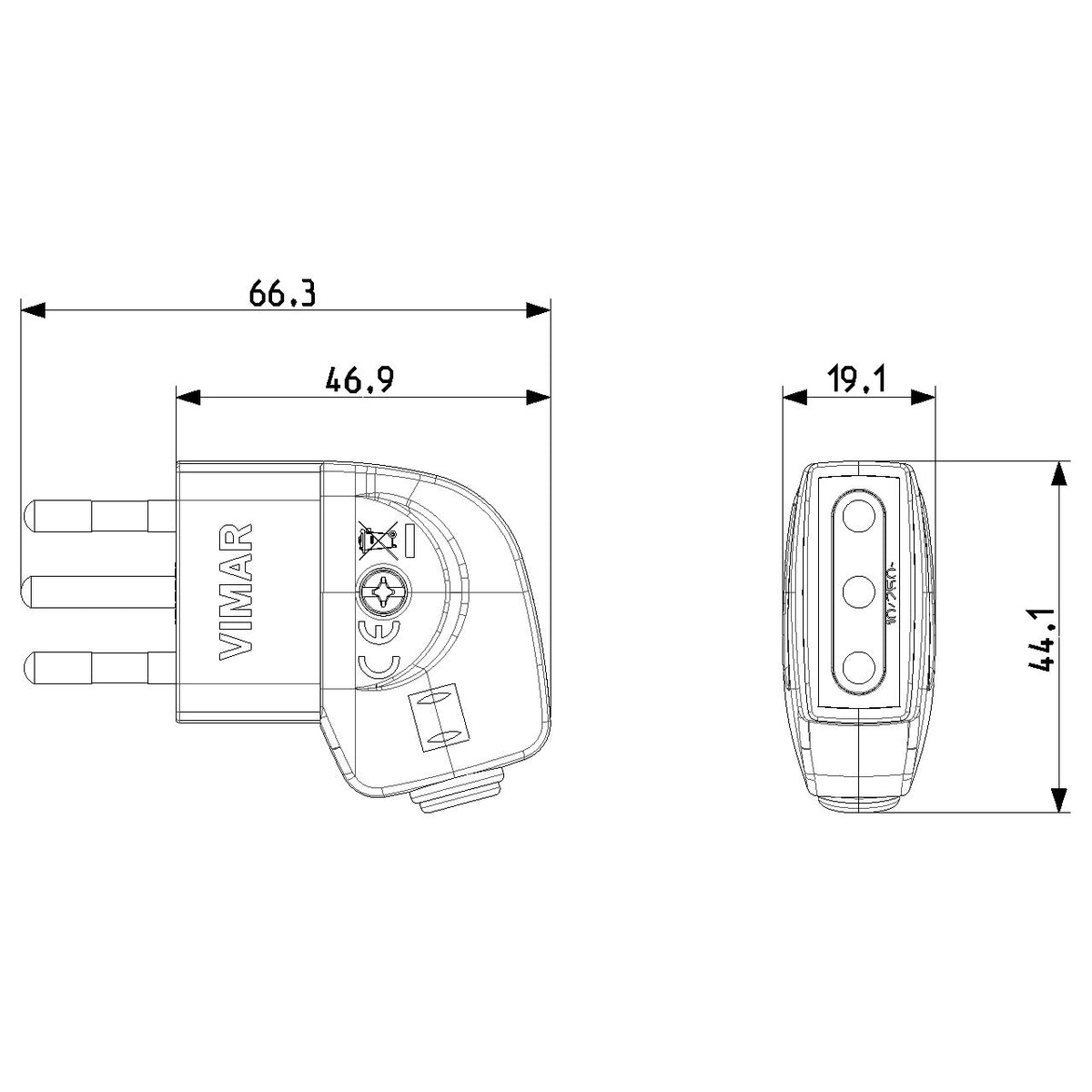 Vimar Supernova S11 2P+E 90 Degree Italian Plug, 10A, 250V, IP20, Screw Terminal — Quality Boat Parts