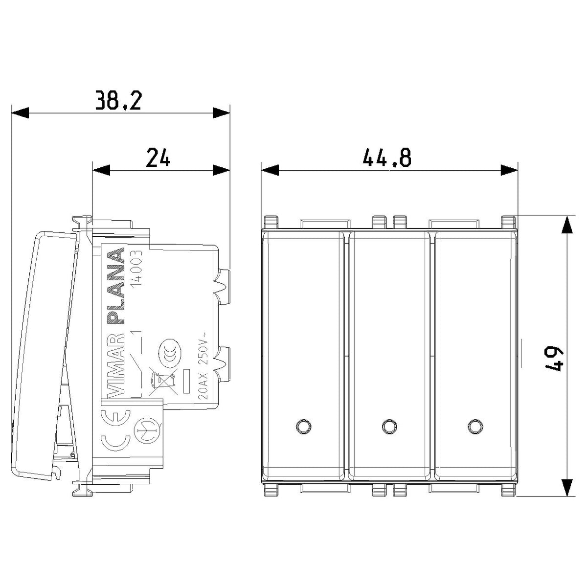 Vimar Plana Three 1P 20AX 1-Way Switches, 250V, 2-Module, Lightable, IP40 ([vimar.com][1])  [1]: https://www.vimar.com/en/int/catalog/product/index/code/14003 "Three 1P 20AX 1-way switches white - 14003 - Vimar" — Quality Boat Parts