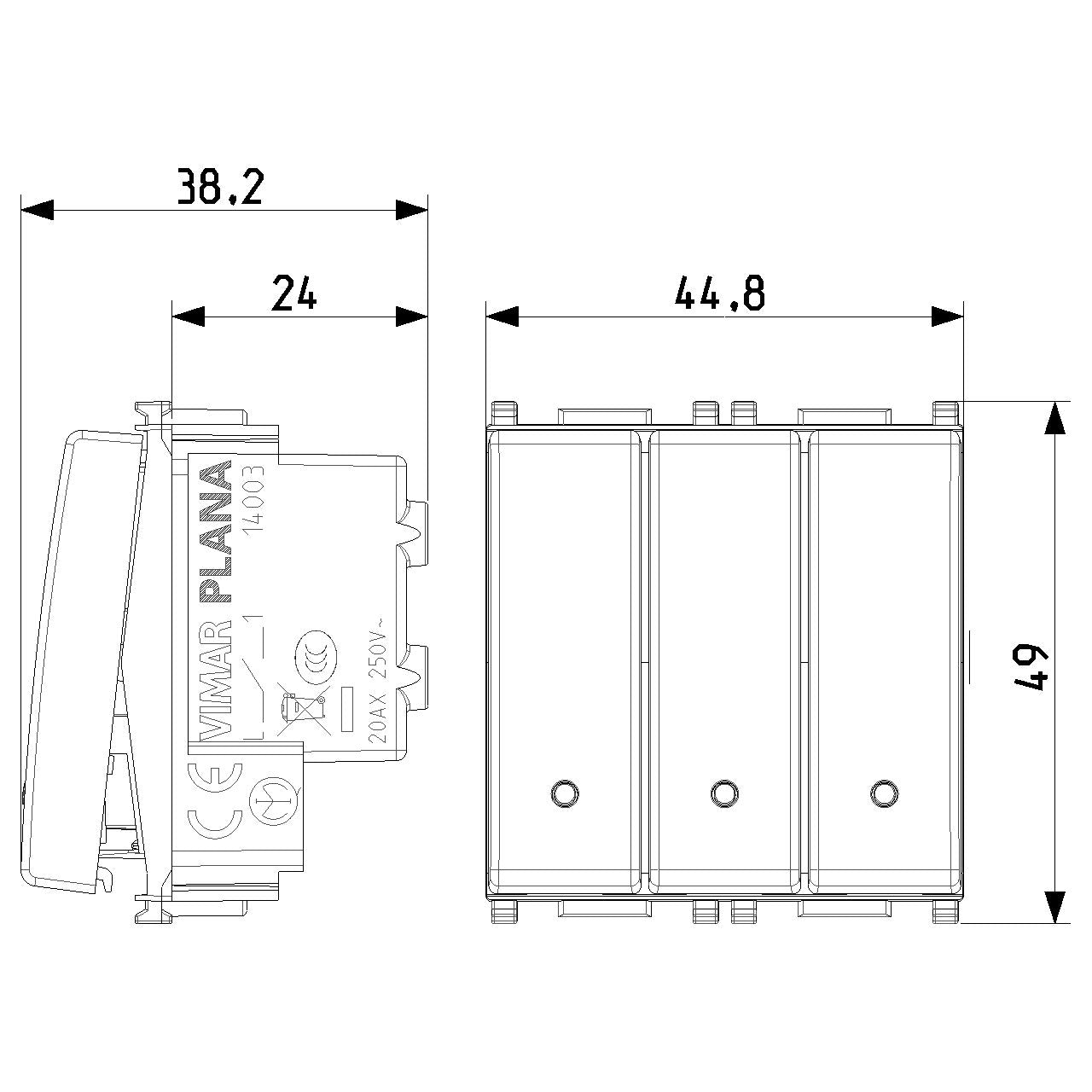 Vimar Plana Three 1P 20AX 1-Way Switches, 250V, 2-Module, Lightable, IP40 ([vimar.com][1])  [1]: https://www.vimar.com/en/int/catalog/product/index/code/14003 "Three 1P 20AX 1-way switches white - 14003 - Vimar" — Quality Boat Parts