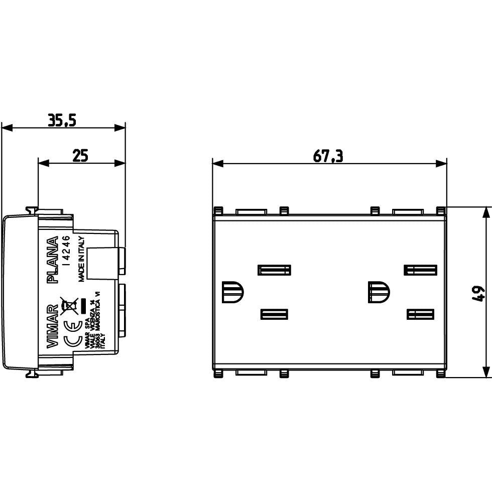 Vimar Plana Series Double 2P+E USA Socket Outlet, 15A, 127V, Flush Mount, IP20, 3-Module — Quality Boat Parts