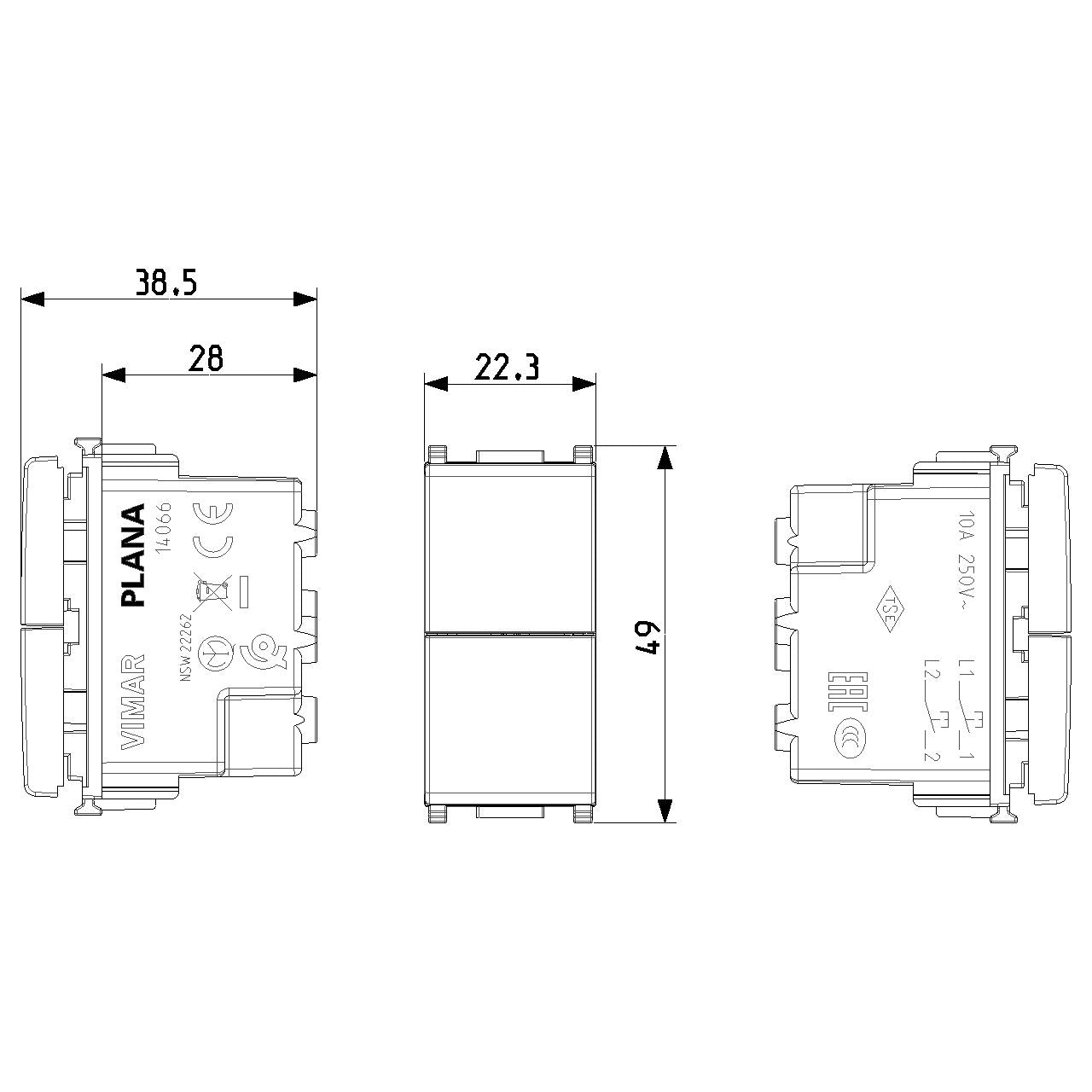 Vimar Plana Two Independent 1P NO+NO Push Buttons, 10A, 250V, IP40, Flush Mount — Quality Boat Parts