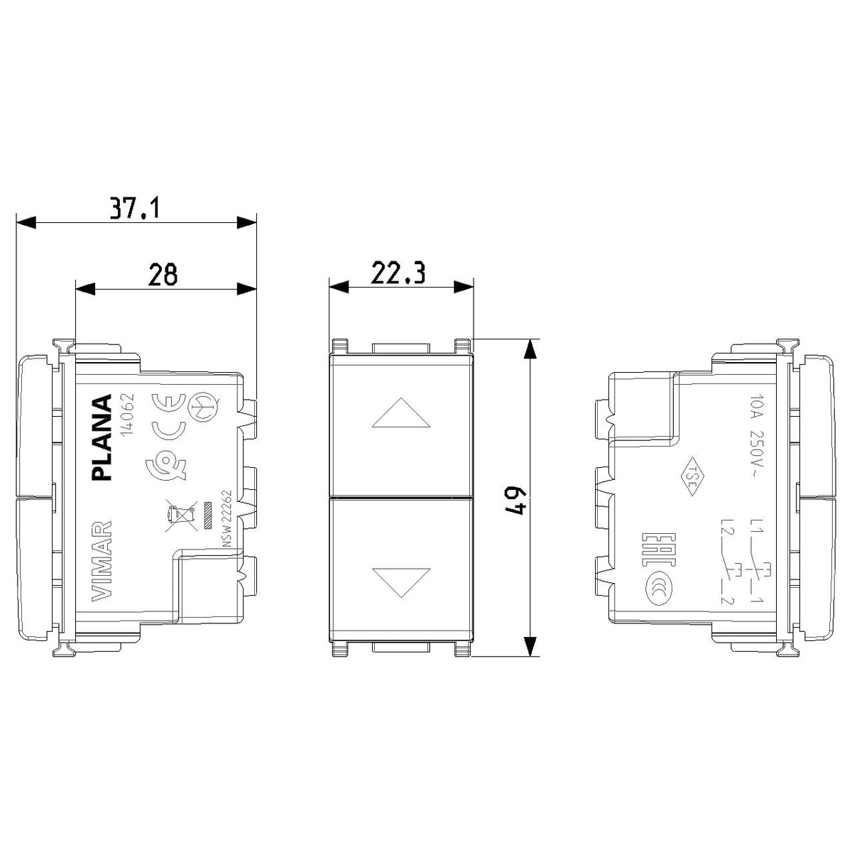 Vimar Plana Two Interlocked 1P NO+NO Push Buttons, 10A 250V, IP40 — Quality Boat Parts