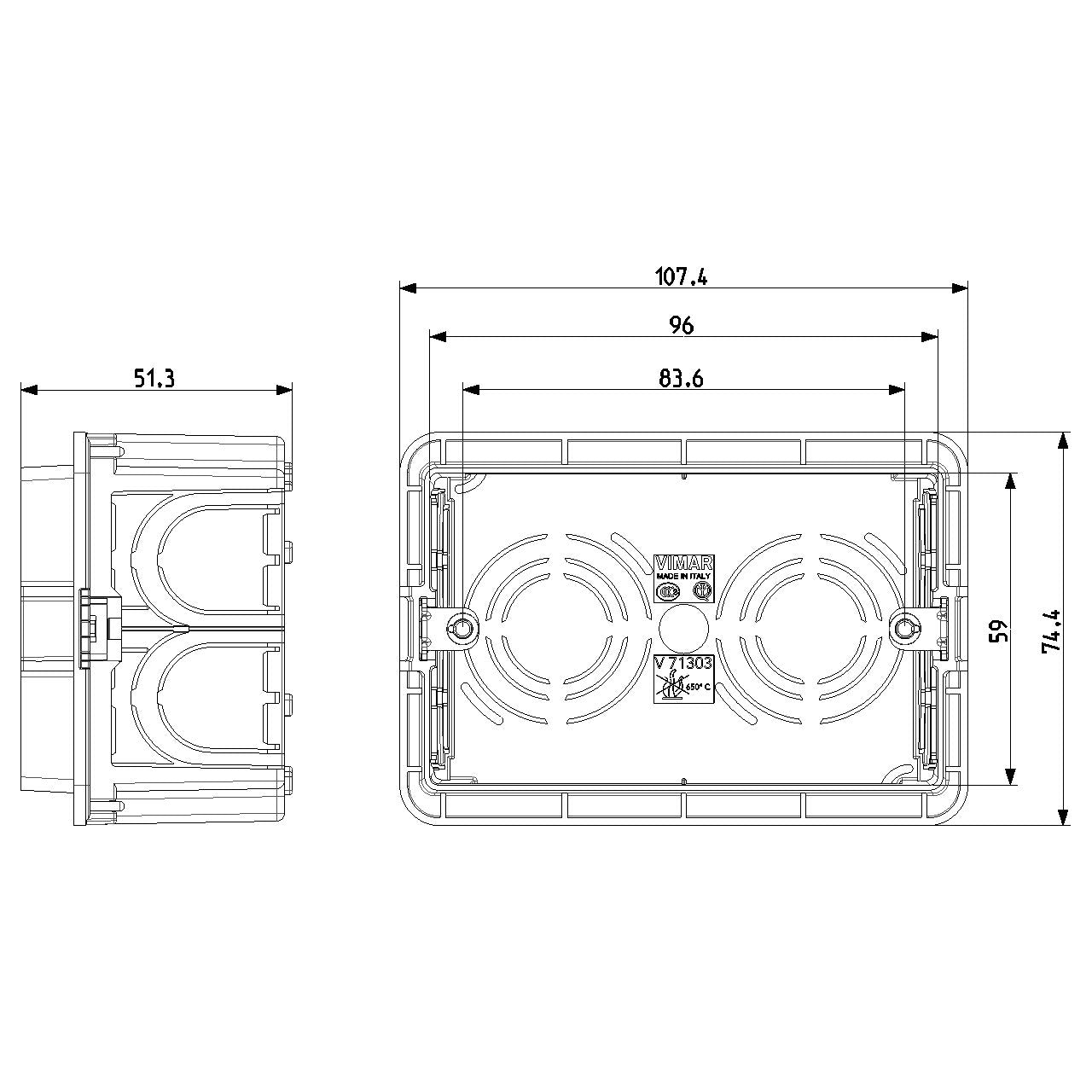 Vimar 3-Module Flush Mounting Box, For Masonry Walls, 20/25 mm Knockouts, 96 x 59 x 49.8 mm — Quality Boat Parts