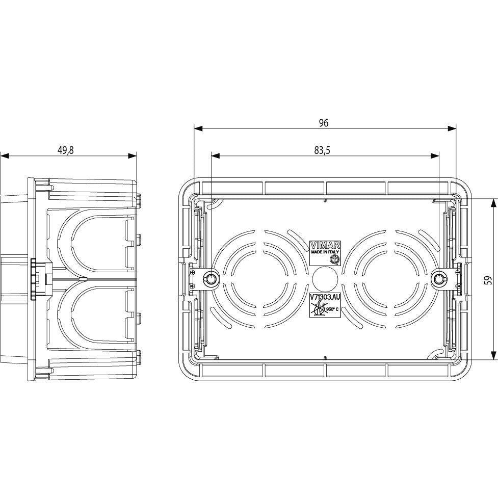 Vimar 3-Module Flush Mounting Box, For Masonry Walls, 20/25 mm Knockouts, 96 x 59 x 49.8 mm — Quality Boat Parts