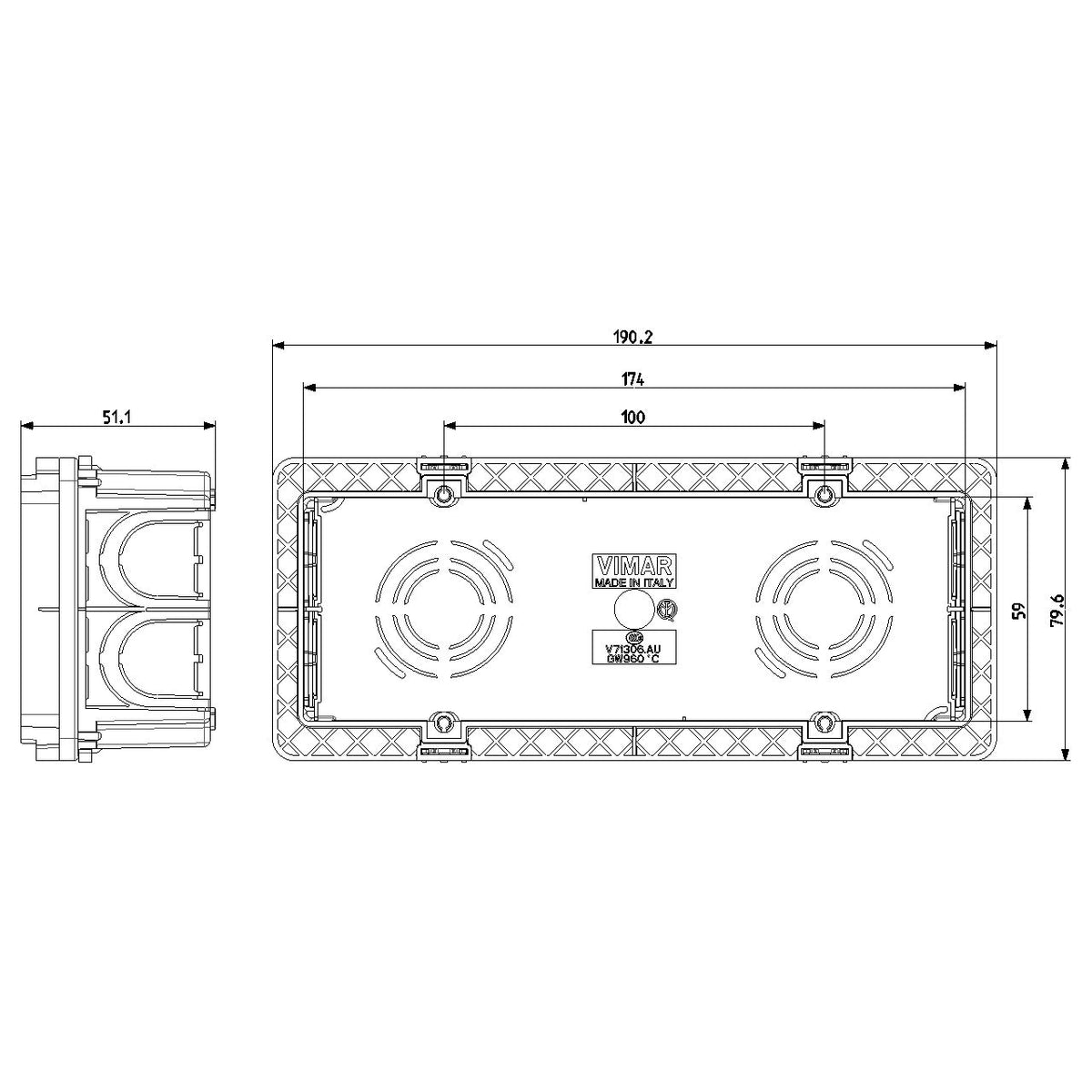 Vimar 6-7 Module Flush Mounting Box, For Masonry Walls, 9 Knockouts for 20/25 mm Tubes, Halogen-Free Plastic, IP00 — Quality Boat Parts