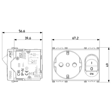 Vimar ARKÉ 2P+E P30 SICURY Outlet with C16 Circuit Breaker, 16A, 230V, 3000 A, Flush Mount, IP20 — Quality Boat Parts