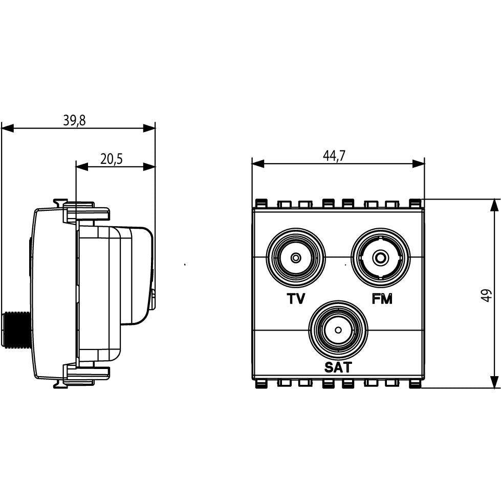 Vimar EIKON TV-FM-SAT Coaxial Socket Outlet, Single Connection, 3 Outputs, 5-2400 MHz, 1 dB, 2 Modules — Quality Boat Parts