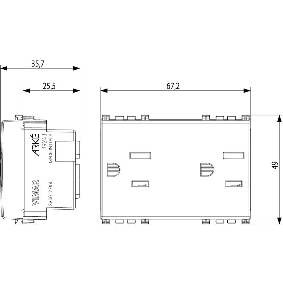 Vimar ARKÉ Double 2P+E USA+SASO SICURY Socket Outlet, 15A, 127V, IP20, Flush-Mount, 3-Module — Quality Boat Parts