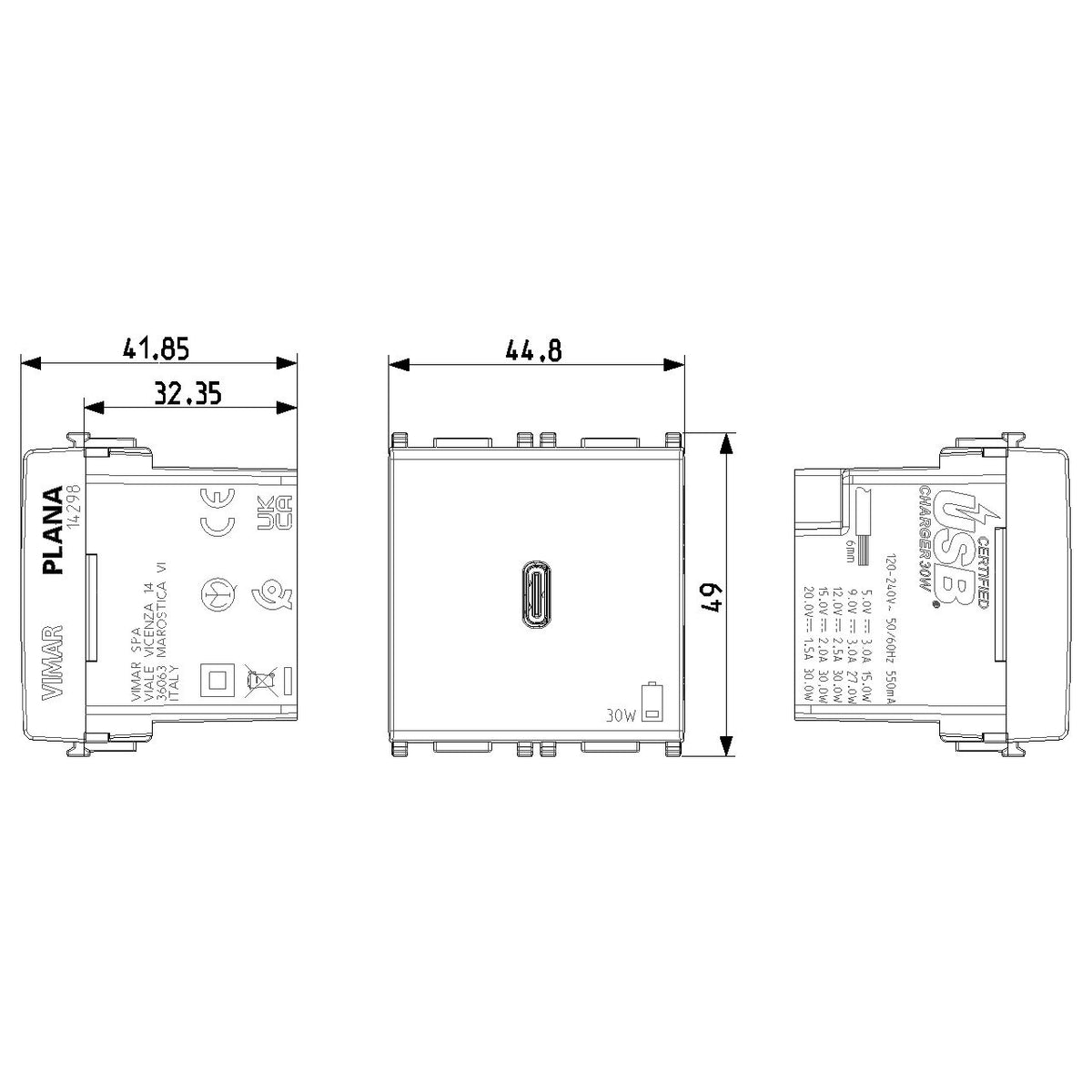 Vimar Plana 2-Module USB-C Supply Unit, Power Delivery, 120-240V — Quality Boat Parts