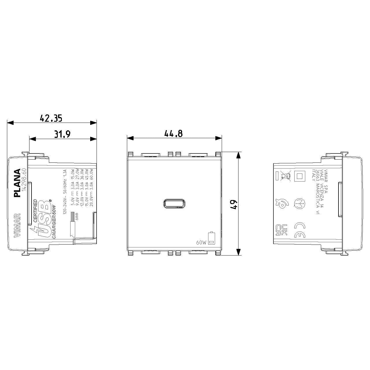 Vimar Plana 2-Module USB-C Supply Unit, Power Delivery, 120-240V — Quality Boat Parts