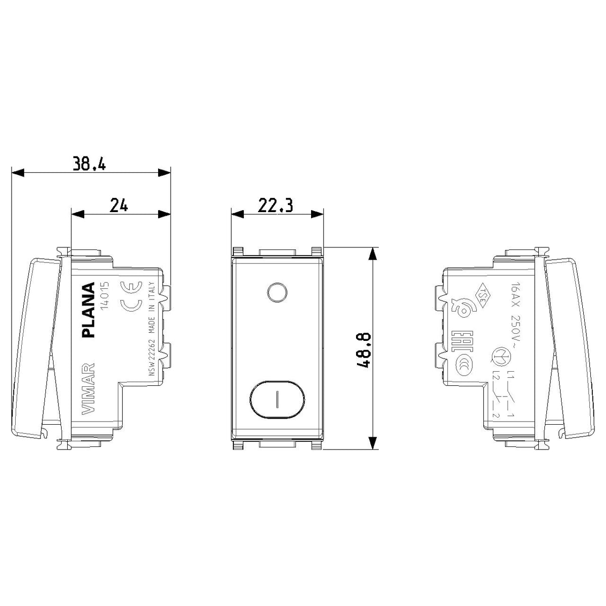 Vimar Plana 2P 1-Way Switch, 16AX, 250V, Lightable — Quality Boat Parts