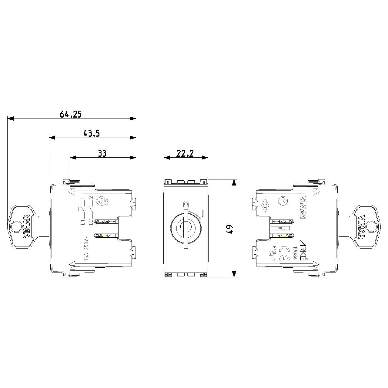 Vimar ARKÉ 2P NO Key-Operated Push Button, 16A, 250V, IP40 — Quality Boat Parts