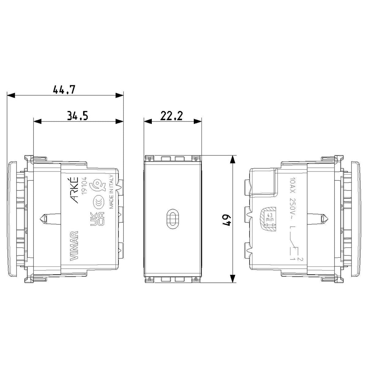 Vimar ARKÉ Axial 1P 10AX 2-Way Switch, 250V, IP40, Lightable — Quality Boat Parts