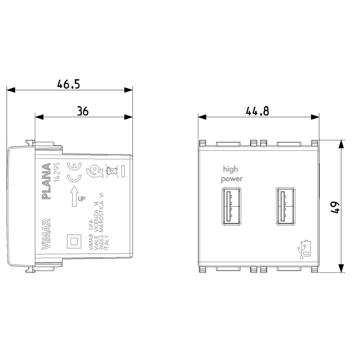 Vimar Plana 2-Module USB Supply Unit, 5V, Flush Mount — Quality Boat Parts
