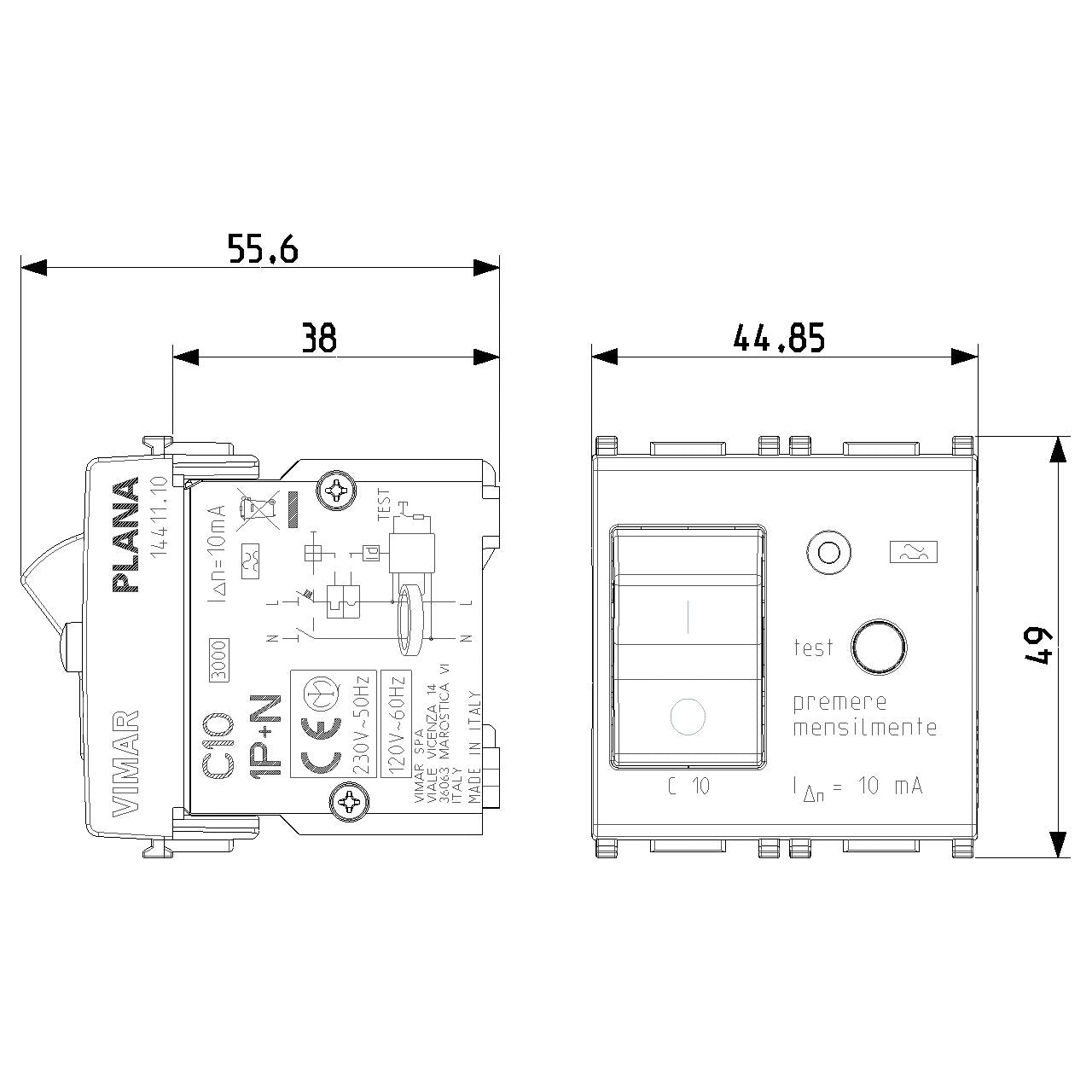 Vimar Plana 1P+N RCBO Breaker, 120-230V, IP40, Built-In, 2 Modules — Quality Boat Parts